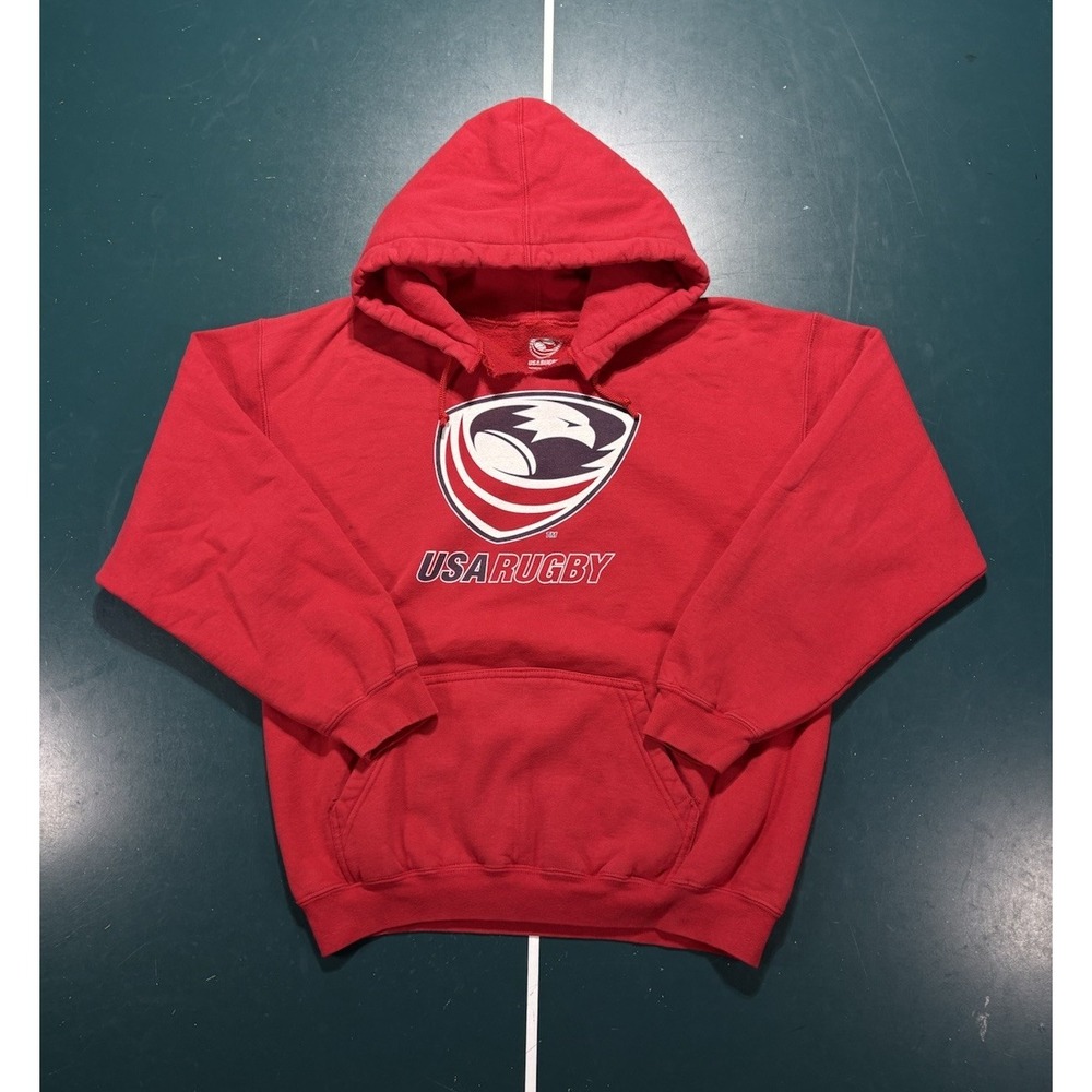 Vintage USA Rugby Team Hoodie Sweatshirt Men's Medium Red Blue Shield Logo Y2K